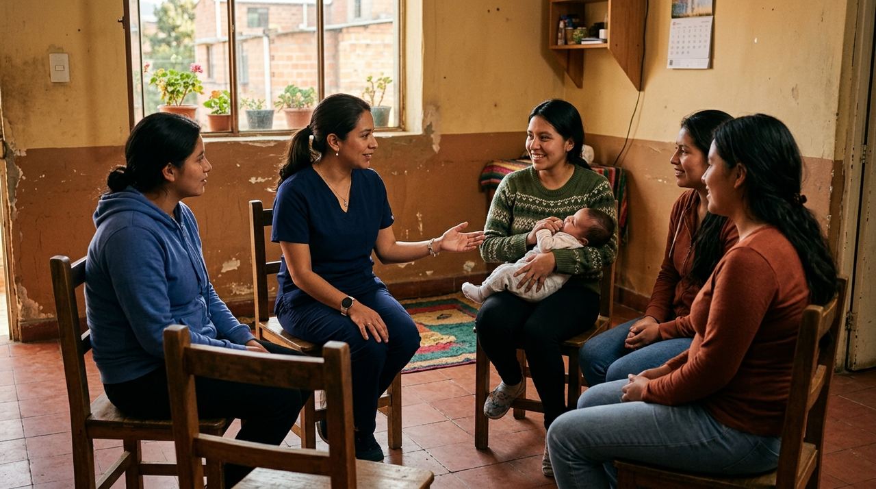 Una profesional de la salud conversa en círculo con un grupo de madres jóvenes en un salón comunitario; una de ellas carga a su bebé