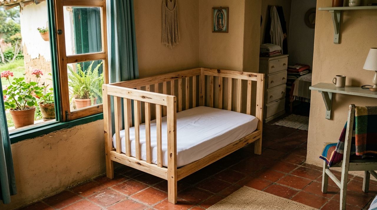 Una cuna de madera clara con colchón firme y una sábana blanca lisa, sin almohadas ni peluches, junto a una ventana de una casa colombiana