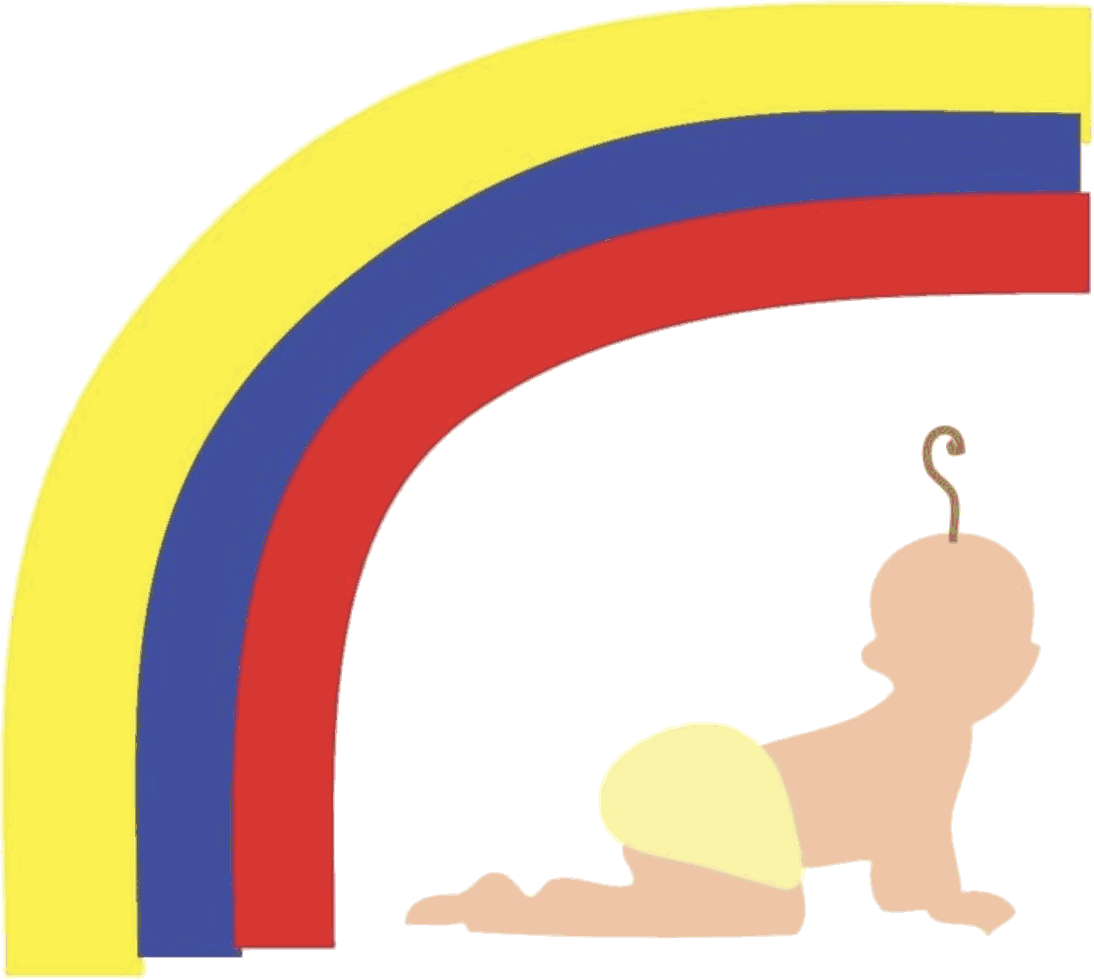 Logo de Infancia Colombia: un arcoíris con los colores de la bandera de Colombia sobre un bebé gateando